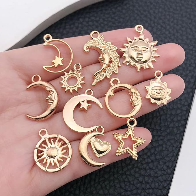 WOCRAFT 60pcs KC Gold Sun Moon Star Charms Bracelet Charms for Jewelry Making Sets DIY Necklace Bracelet Keychain Crafting Charms Kit Craft Supplies (SN836)