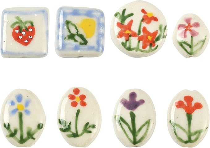 8Pcs Flower Porcelain Beads for DIY Jewelry Mixed Shapes Handmade Round Square Oval Floral Spacer Beads for Necklaces Bracelets Earrings Keychains Making and Crafting