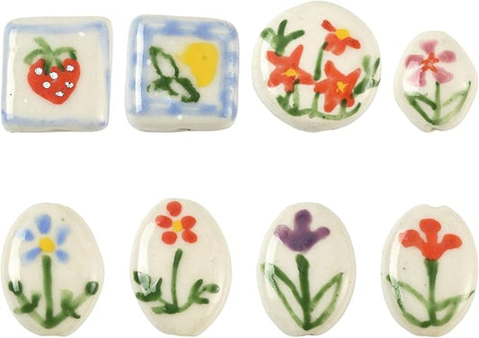 8Pcs Flower Porcelain Beads for DIY Jewelry Mixed Shapes Handmade Round Square Oval Floral Spacer Beads for Necklaces Bracelets Earrings Keychains Making and Crafting