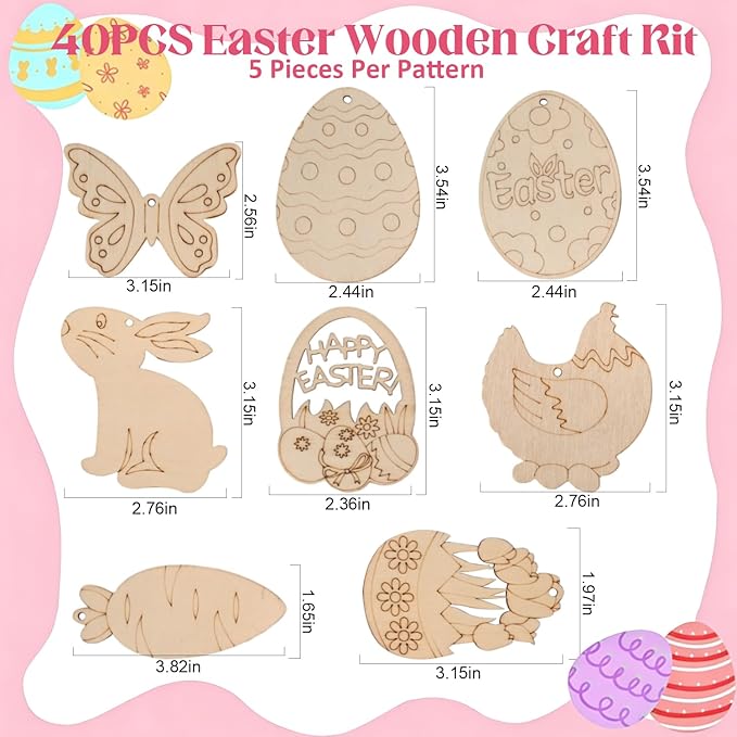 KITRDOOR Easter Wooden Painting Craft Kit, 40Pcs Unfinished Easter Wooden Ornaments, DIY Wood Cutouts Egg Bunny Chick Tulip Ornaments Craft Kits for Adults Spring Party Hanging Decorations