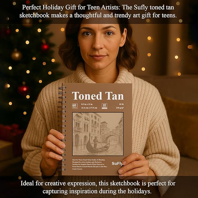 sufly toned tan sketch pad, 8 1/2 x 11 sketchbook, 60 sheets - 90lb/150gsm toned tan sketch paper for mixed media, charcoal, graphite, colored pencils & white gel pens, 100% recycled, wire-o bound.