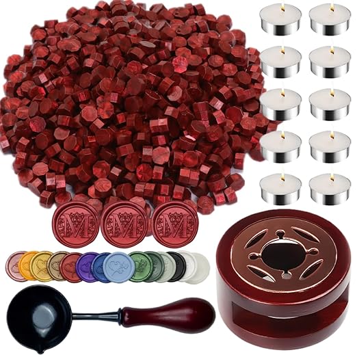 Wine Red Sealing Wax Beads, ONWINPOR 400pcs Wax Seal Kit with Warmer, Non-Slip Spoon, Candles for Envelopes, Stamp Letter Seal,Wedding Invitations (Wine Red)