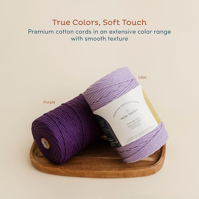 Nook Theory Macrame Cord - 4mm 109 Yards Cotton Rope, 3mm 5mm Yarn, String for Crafts, Perfect for Macrame Wall Hanging and Boho Decorations (Lilac)