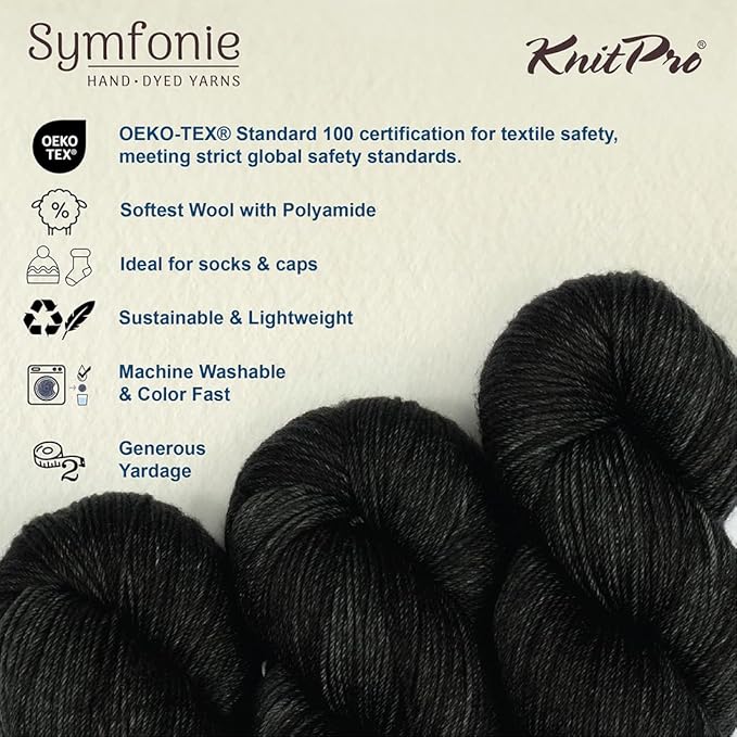 KnitPro Symfonie Fingering Weight Hand Dyed Semi-Solid Yarn Skein | Extra Fine Merino Wool & Polyamide Blend for Knitting & Crocheting, Oeko-TEX Certified 400m, 100g | Terra Black Pepper