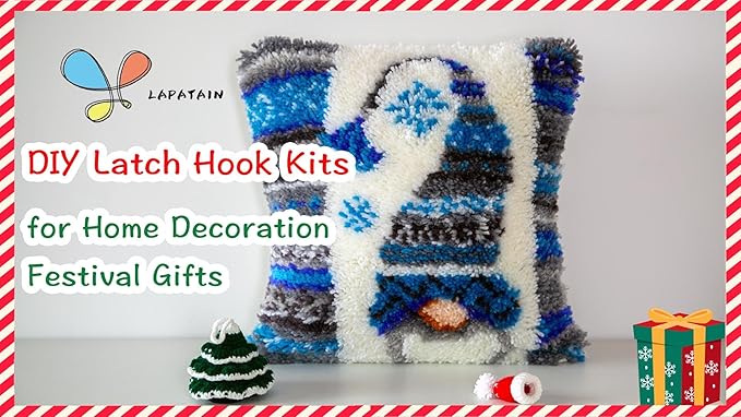 LAPATAIN Latch Hook Kits for DIY Throw Pillow Cover,Needlework Cushion Cover Hand Craft Crochet for Great Family 17X17inch Christmas Hat