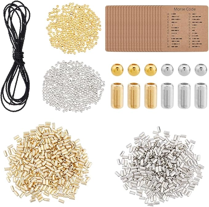 DICOSMETIC 2016Pcs DIY Morse Code Bracelet Bead Kit 4 Styles 2000Pcs Plastic Bead Bulk 4.36 Yards Waxed Cotton Cord 16Pcs Code Decoding Card Adjustable Braided Bracelets Necklaces Kit for Adult