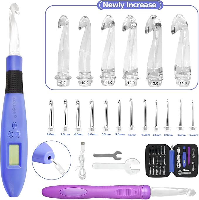Counting Crochet Hook Set Digital, Light Up Crochet Hooks Set - Ergonomic for Arthritic Hands, Digital Stitch & Row Counter - 18 Size Interchangeable Crochet Kit - Cool Gift (Blue, 18 Size)