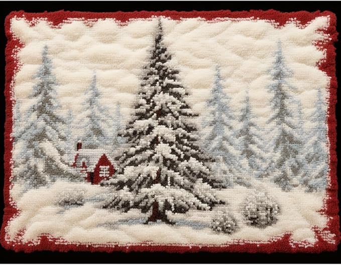 White Snow Christmas Pine Tree Latch Hook Rectangle Rug Kits for Adults Needle Crochet Yarn Kits Embroidery Carpet Hook and Latch Kit Floor Mat Tapestry Christmas Home Decoration 40x60cm(10)
