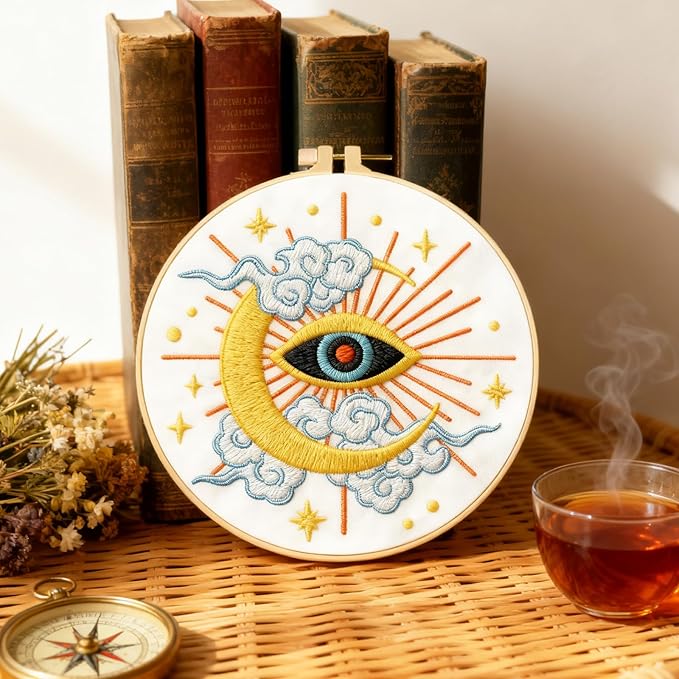 BEUNITONE 6 Sets Tarot Embroidery Kits for Beginners with Dreamy Sun Moon Stars Eye Patterns, DIY Craft Kits for Adults Women with Embroidery Hoops and Full Kits, Needlepoint Kits for Home Decor
