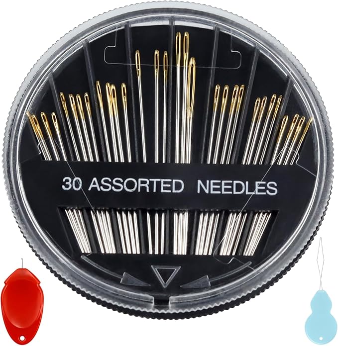 FIVEIZERO 30-Count Steel Needles for Hand Sewing, 6 Sizes Large Eye Embroidery and Hand Quilting Needles Kit with Threaders for Art & Craft Projects
