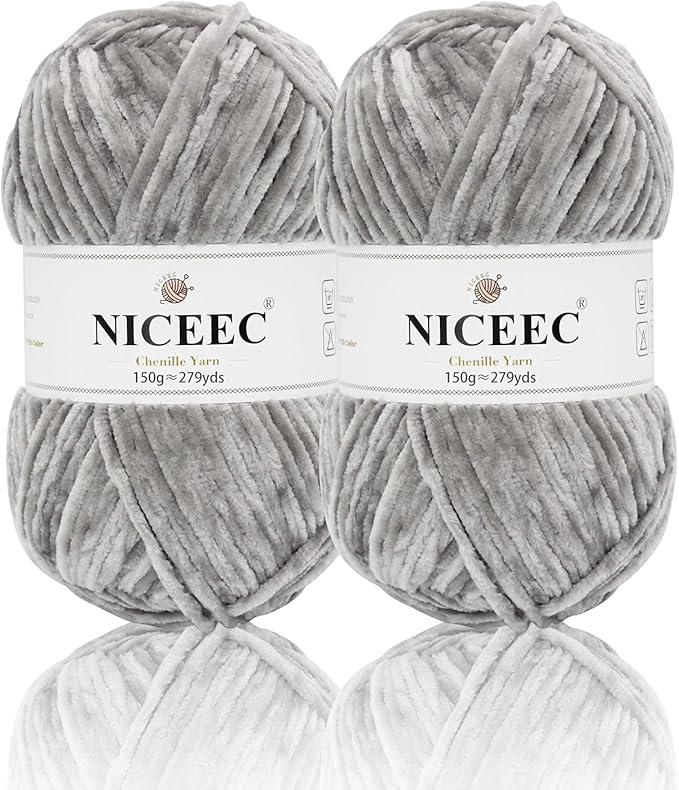 NICEEC 2 Skeins Soft Chenille Yarn Blanket Yarn for Knitting Fancy Yarn for Crochet Weaving DIY Craft Total Length 2×255m (2×279yds, 2×150g)_Light Grey