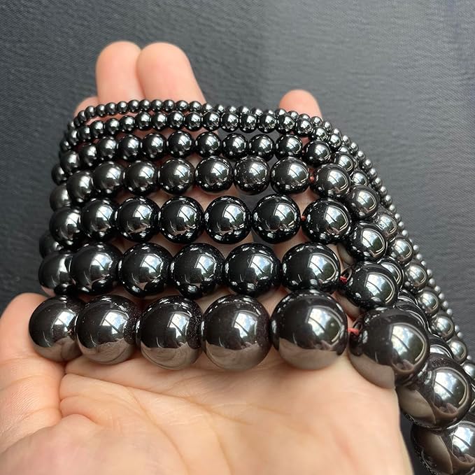 Stone Beads, 45pcs Black Hematite, 8mm Round Loose Beads for Jewelry Making, Bracelets, with Bag, String & Card