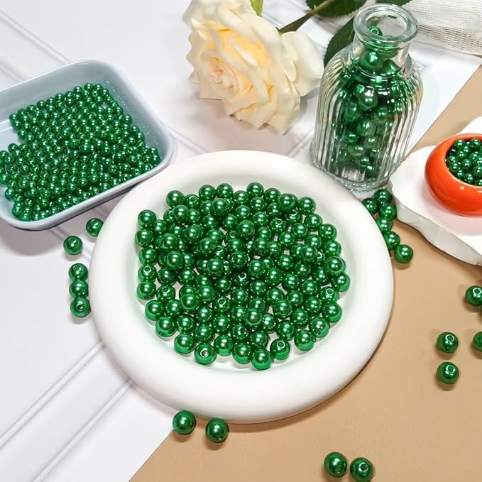Pearl Beads for Jewelry Making Holes ABS Craft Beads with Holes for Jewelry Making, Bracelet, Necklace Crafting Bulk Bead Kit (8mm, Green/750 pcs)