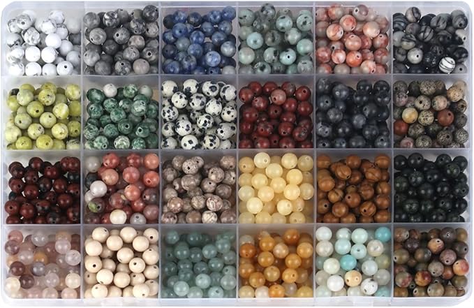 1200pcs 6mm Natural Round Stone Beads,Multiolor Crystal Energy Stone,Loose Gemstone Accessories Hole Size 1mm,DIY Smooth Beads Necklace Bracelet for Jewelry Making,(6MM-24Colors Materia-A)