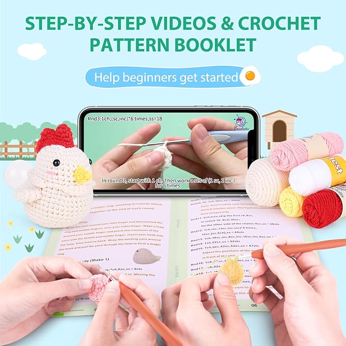 Crochetta Crochet Kit for Beginners, Squeeze Bubble Amigurumi Crocheting Kits w Step-by-Step Video Tutorials, Knitting Starter Supplies for Adults Kids, Anxiety Relief Bubble Chicken (40%+ Yarn)