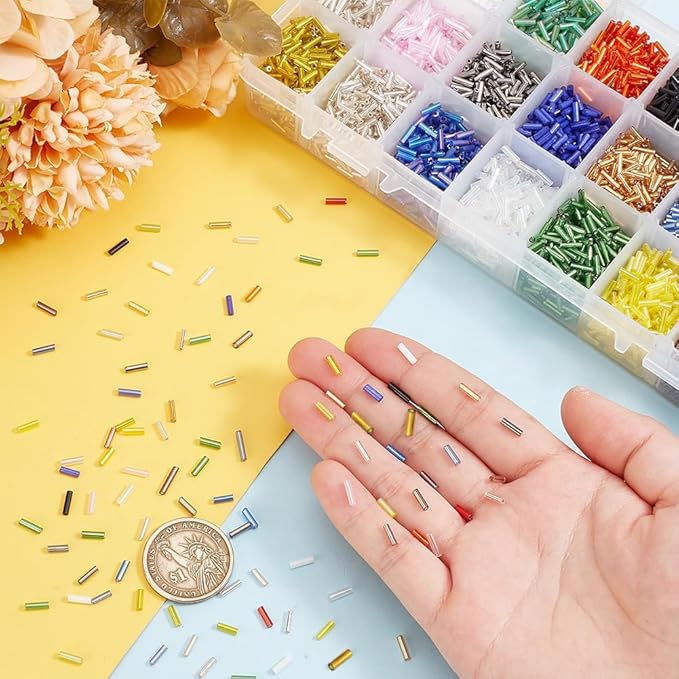 PH PandaHall 8400 Pcs 24 Colors Beading Glass Bugle Seed Beads Silver Lined Tube Spacer Bead Length 6mm for Earring Bracelet Necklace Eyeglass Chain Jewelry DIY Craft Making