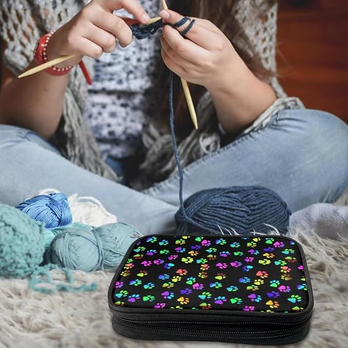 Hechitok Rainbow Dog Paws Crochet Hook Case Without Hooks and Accessories Zipper Storage Organizer Bag with Web Pockets for Various Crochet Needles Accessories Crochet Hook Kit Tools