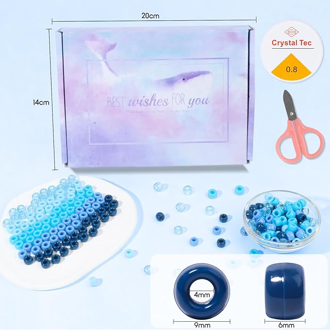 1200Pcs 6x9mm Pony Beads for Bracelets Making Kit, 5 Style Blue Colors Kandi Beads Bulk for Friendship Bracelet Kit, Hair Bead for Braids with Stretch Cord and Scissors