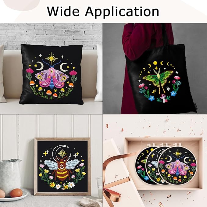 Nuberlic 3 Pack Embroidery Kit for Adults Beginners, Stamped Cross Stitch Moth and Bee Patterns with Hoop, Thread, Needles & Step-by-Step Guide Easy DIY Starter Kit