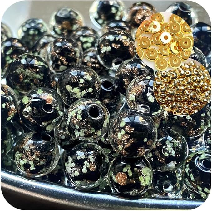 8mm 200pcs Glow in The Dark Glass Beads with Holes for Jewelry Making Bracelets Earrings Necklace Bulk Lampwork Solar Unique DIY Crafts Gold Spacer Beads Kit(100pcs Beads+100pcs Spacer)