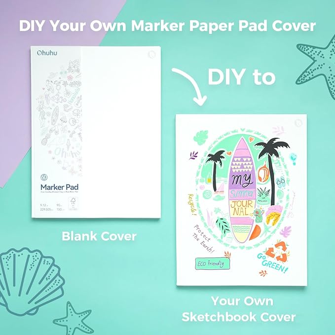 ohuhu double-sided marker pad art sketchbook bleedproof - 9"x12" large paper size - 90 lb/150 gsm smooth drawing paper - 60 sheets/120 pages, glue-bound sketching book for alcohol markers