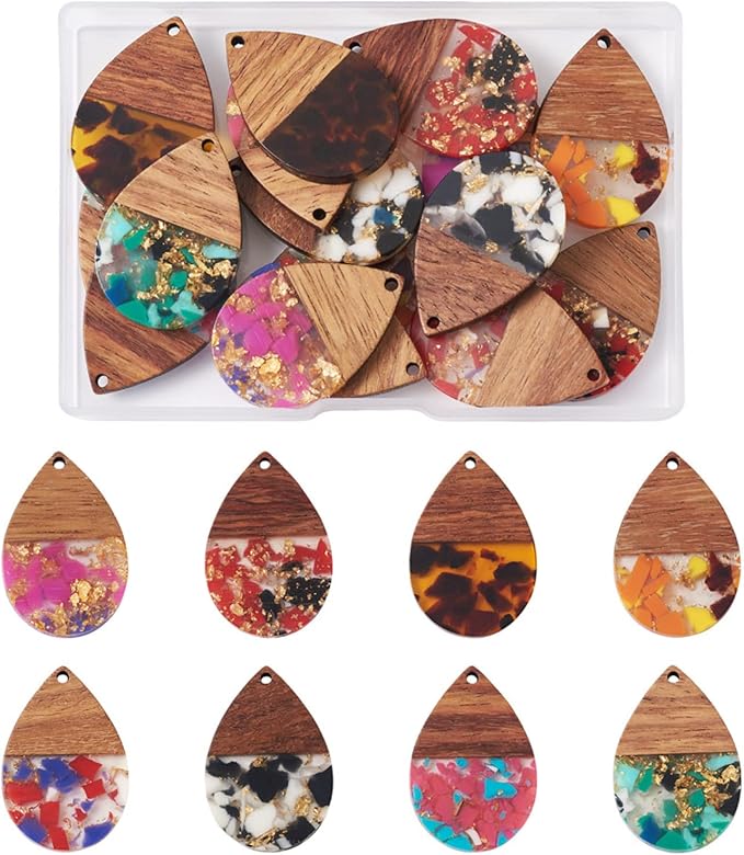 Beadthoven 16pcs/8 Pairs Resin Wood Teardrop Charms Earrings Pendants Mixed Colors Water Drop Shape Gold Foil Chips Wooden Pieces Pendants for Statement Jewelry Making Findings
