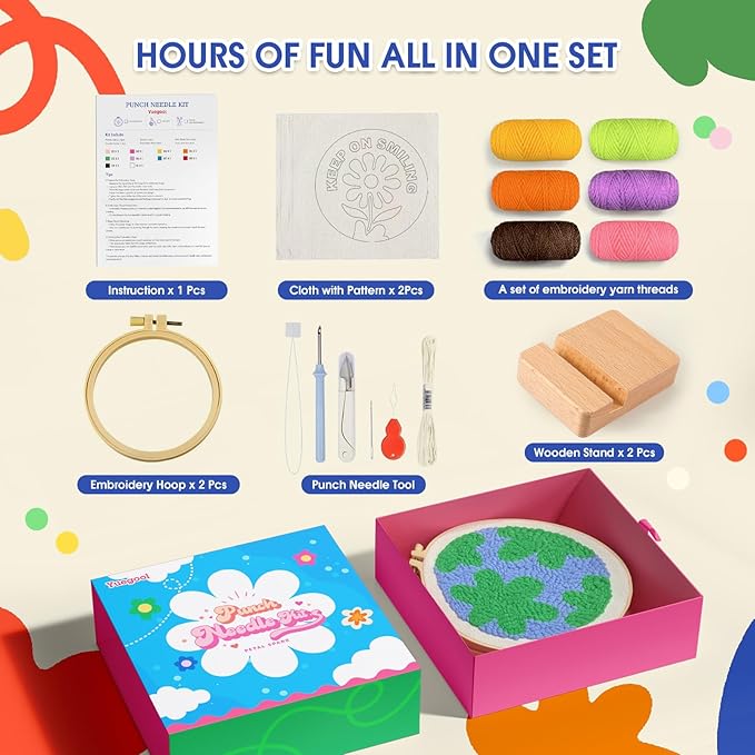 yuegool 2PCS Punch Needle Decoration Kit,Easy DIY Punch Needle Embroidery Kit for Beginners Adults Including Patterns, Tools, Yarns, Hoop, Instruction, Bracket Art Craft Supplies