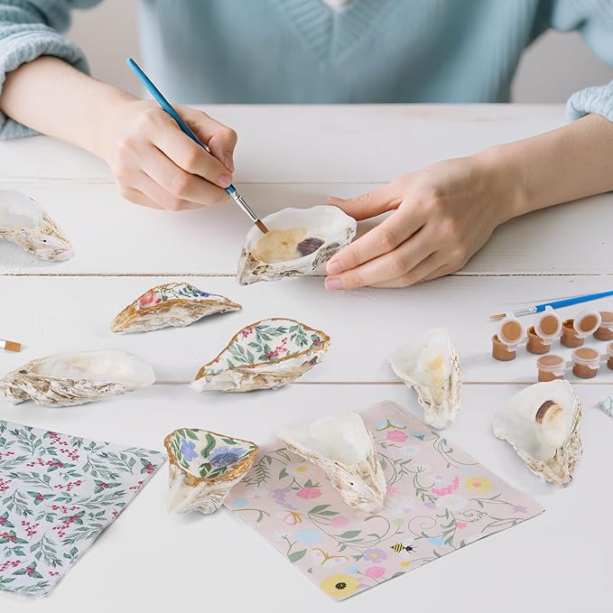 APUDWN 16 Set Natural Oyster Shells for Crafts 4-5 Inch Flat Oyster Shell Kits Drilled Includes Floral Chinoiserie Decoupage Napkins Glue Paints Twine Brushs for DIY Arts Hanging Ornaments