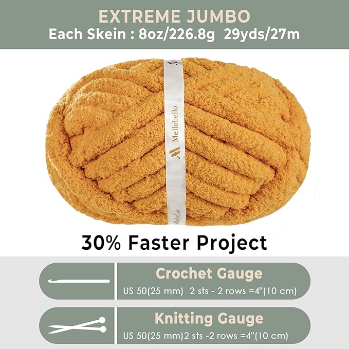 Jumbo Chunky Yarn for Hand Knitting - Super Thick Chenille Chunky Yarn for Crocheting - Extra Soft Bulky Fluffy Blanket Big Yarn 8 Jumbo Pack (27yds,8 oz Each Skein) Mustard Yellow