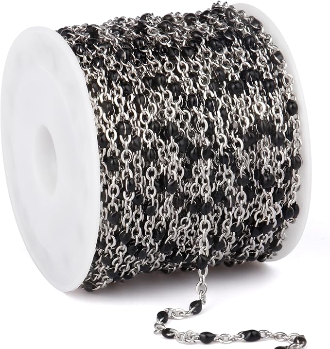 33 Feet Stainless Steel Enamel Chains Bulk, 2mm 304 Stainless Steel Black Enamel Beaded Cable Link Chain Roll Spool for Jewelry Making