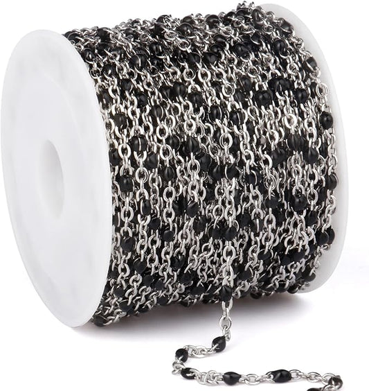 33 Feet Stainless Steel Enamel Chains Bulk, 2mm 304 Stainless Steel Black Enamel Beaded Cable Link Chain Roll Spool for Jewelry Making