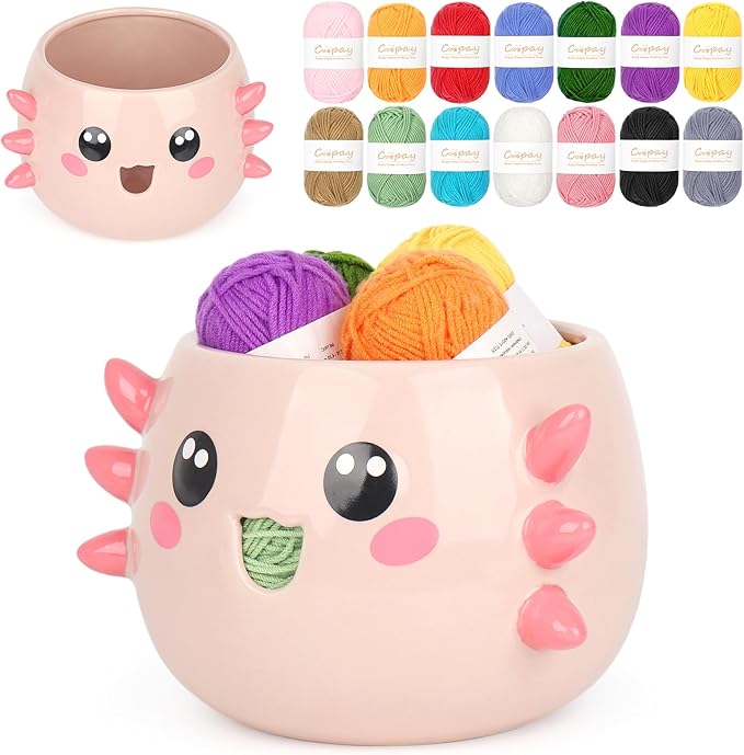 Coopay Axolotl Yarn Bowl for Crocheting/Knitting, Cute Bowl with 14 Pcs Yarn, Large Size Crochet Organizer for Beginners
