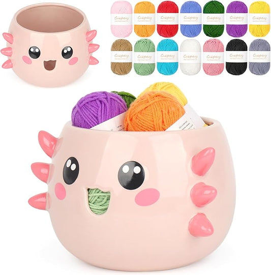 Coopay Axolotl Yarn Bowl for Crocheting/Knitting, Cute Bowl with 14 Pcs Yarn, Large Size Crochet Organizer for Beginners