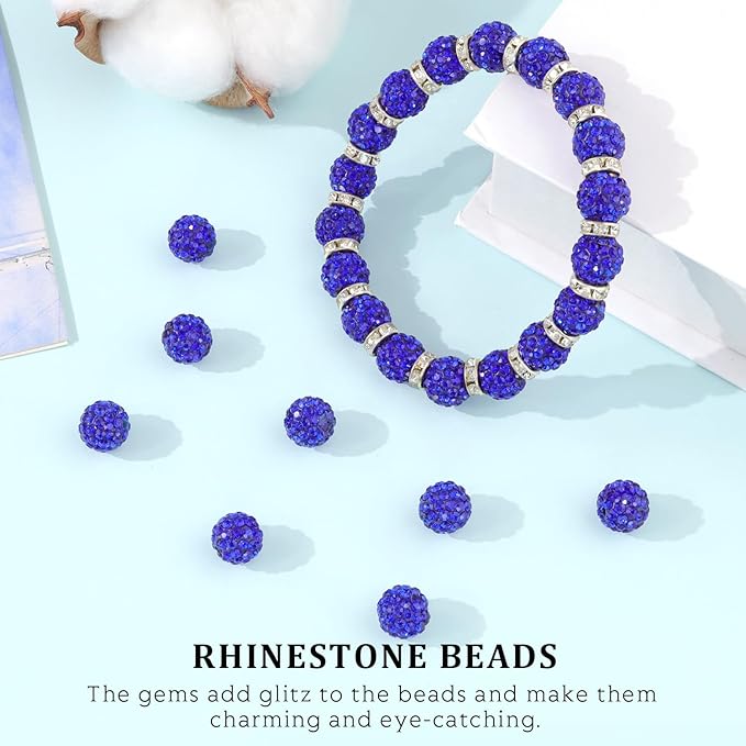 120pcs 10mm rhinestone beads for jewelry making, dark blue shiny round shamballa disco ball beads bulk, sparkle crystal clay christmas for bracelet baseball necklace earring crafting and diy