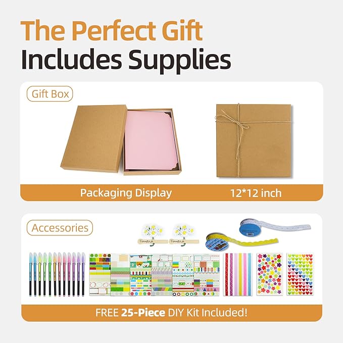 Vienrose DIY Scrapbook Photo Album Kit with Pens Tapes and Stickers 60 Pages Hardcover 12x12 Inches 3 Rings Removable Black Paper Scrapbooking for Lover Friends Kids Wedding Pink