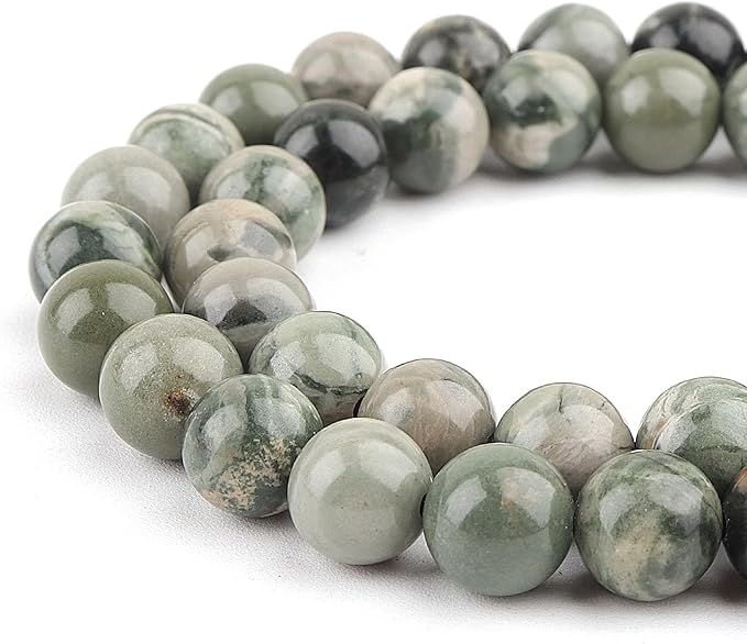 10mm Natural Stone Beads for Jewelry Making - Gemstone Round Loose Beads for Bracelets(35-38pcs, Green Grain Stone)