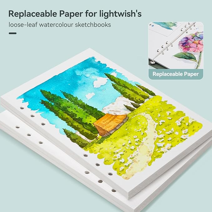 LIGHTWISH Watercolor Paper Bulk, 100% Cotton Hot Press 300gsm/140lb, 2 Pack, Total 40 Sheets A5 Hole-Punched Interchangeable Paper for Artists, Adults,Students,5.8 * 8.2 Inches