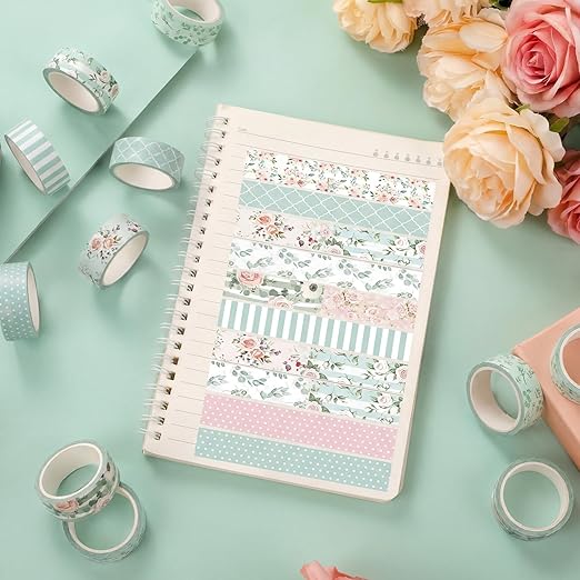 12 Rolls Watercolor Floral Washi Tape Set 15 mm Vintage Flower Decorative Masking Tape for Spring Arts DIY Craft Scrapbook Journal Supplies Gift Wrapping(Pink and Green,Spring)