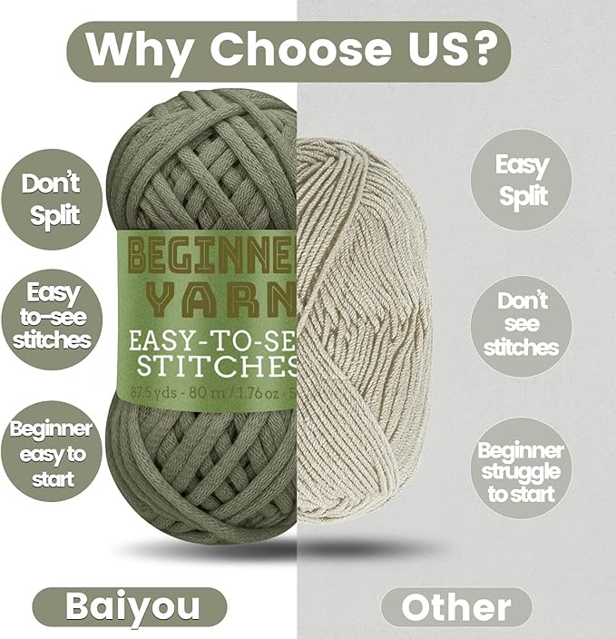 3x50g Beginners Olive Green Yarn, 260 Yards Olive Green Yarn for Crocheting Knitting, Easy-to-See Stitches, Worsted Medium #4, Chunky Thick Cotton Nylon Blend Yarn Yarn for Crocheting