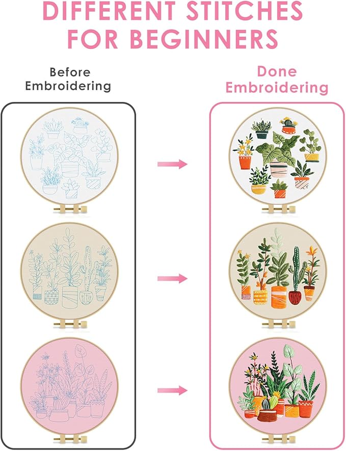 TINDTOP 3 Pack Embroidery Kit for Adult, Embroidery DIY Starter Kit, with Stamped Patterns, Hoop, Tools, Colorful Threads with Needles, Instructions