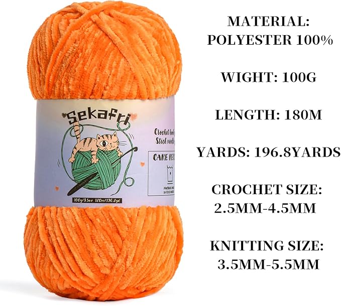 Fuzzy Chenille Yarn for Crocheting,Fluffy Amigurumi Crochet Yarn for DIY Craft/Hat/Shoes,(100 g/197 yds) Soft Velvet Baby Blanket Yarns（Orange）