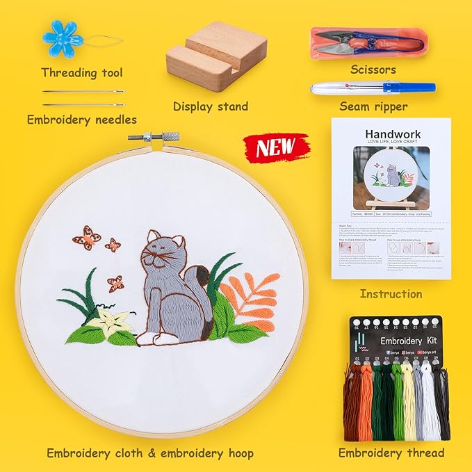 Embroidery Kit for Adult Beginners, Cat Embroidery Kit with Step-by-Step Instructions and Video, Printed Cloth, 7.87" Hoop, Display Stand, Color Threads, Threader & Needles for Craft Lover(BED001)