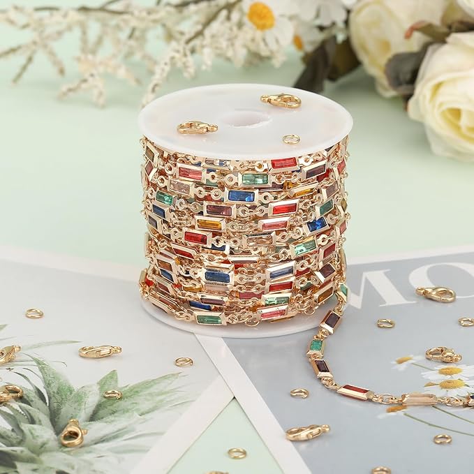 KYUNHOO 13 Feet Mix Colored Rectangular Rhinestone Chain Spool Paperclip Chain Links Gold Plated Chains for Jewelry Making Brass Chain Bulk with Jump Rings and Lobster Clasps
