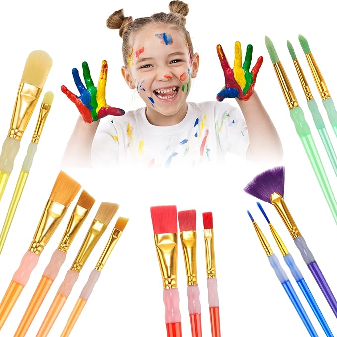 15Pcs Paint Brushes Value Pack, Includes 15 Different Types of Brushes, Nylon Colorful Hair with Silicone Crystal Penholder, Prefect Works with Oil, Acrylic and Watercolor Painting