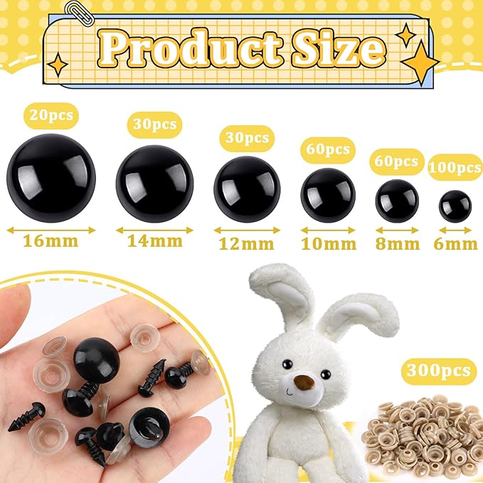 UPINS 600 Pieces 6-16MM Safety Eyes with Washers Black Plastic Safety Eyes for Amigurumi Doll Crochet Eyes for DIY Crafts Stuffed Animals Making Supplies