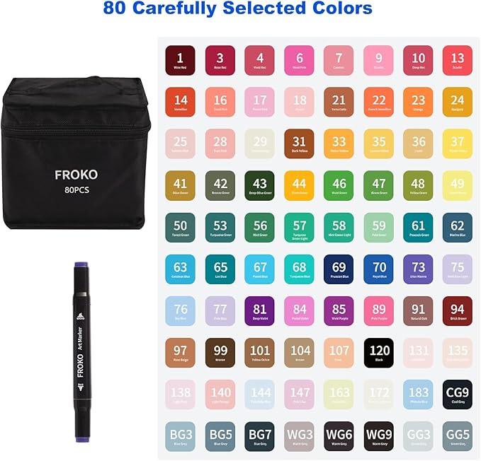FROKO Alcohol Markers, 80 Colors Dual Tip Art Marker,Coloring Marker, markers for adult coloring books no bleeding