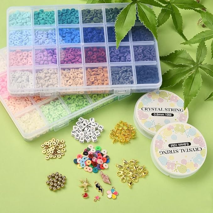 Echoed Elegance Clay Beads 2 Boxes Bracelet Making Kit, 7448 pcs Beads for Jewelry Making, Round Letter Beads with Charm and Elastic Strings, Friendship Bracelets Holiday Gifts for Girls Adults