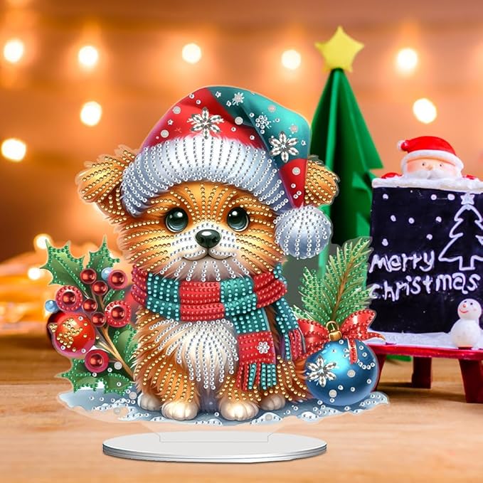 LAKEQUILL Christmas Diamond Painting Kits, Tabletop Ornament, Stand Up Diamond Art Desktop Kits for Home Office Decor, New Year Gift - Christmas Dog