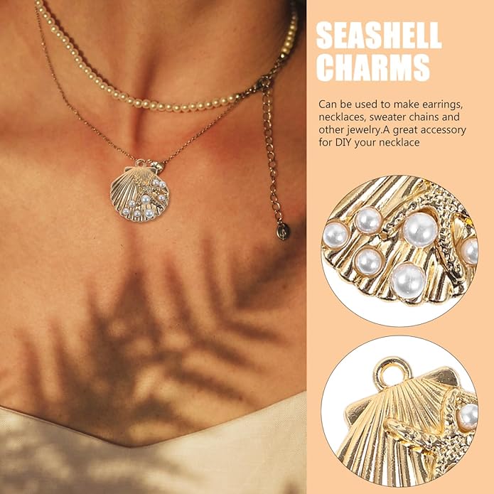 TEHAUX 20Pcs Gold Shell Charms for Jewelry Making, Enamel Alloy Conch Shell and Seashell Charms with Faux Pearl, Ocean Beads Pendants for DIY Necklaces Bracelets (Light Gold)