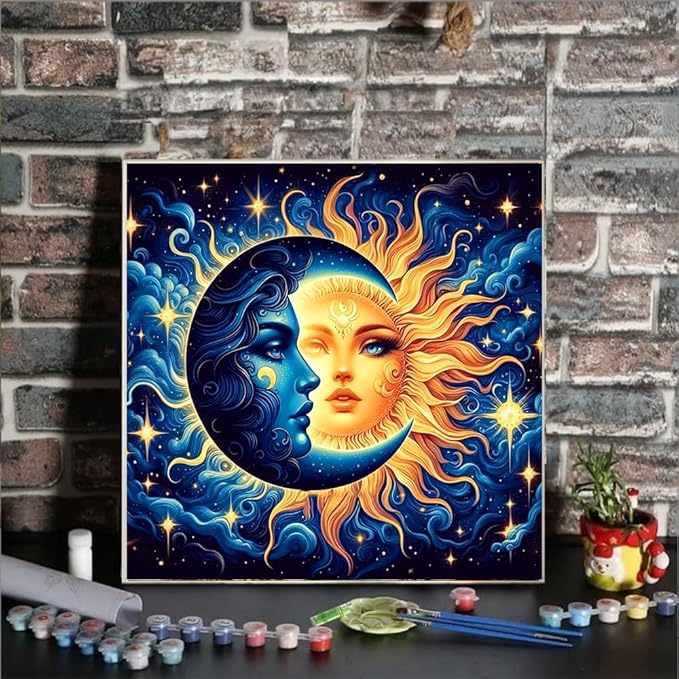 Axquilon Paint by Numbers Kit for Adults Beginner-Sun and Moon Adult Paint by Number Kits on Canvas, Easy Adults' Paint-by-Number Kits Oil Painting Craft Supplies for Gift Home Wall Decor 16x16in